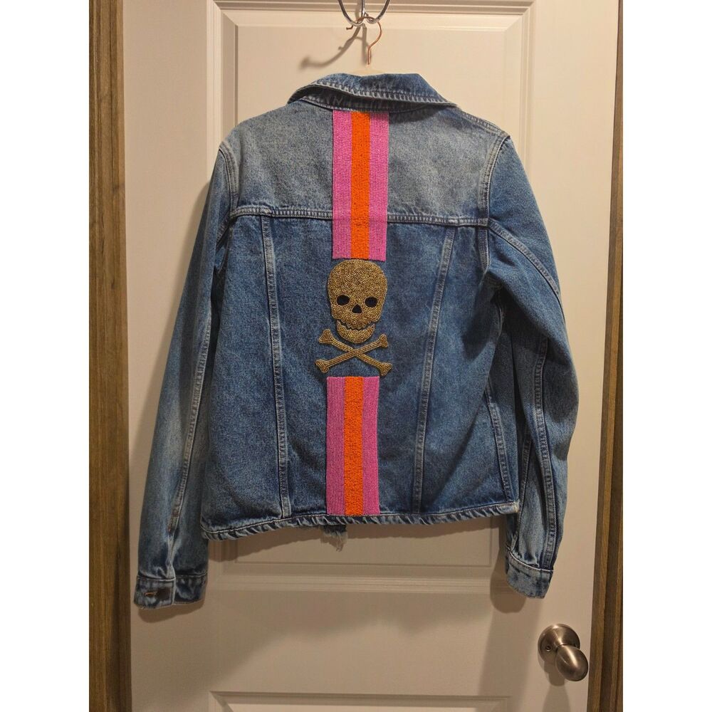 Skull and Crossbones Denim Jacket- Pink Orange Gold- Size Large/XL